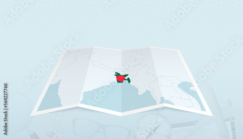 Map of Bangladesh with the flag of Bangladesh in the contour of the map on a trip abstract backdrop.