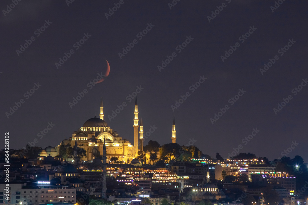 Ramadan or islamic photo. Suleymaniye Mosque with crescent moon.