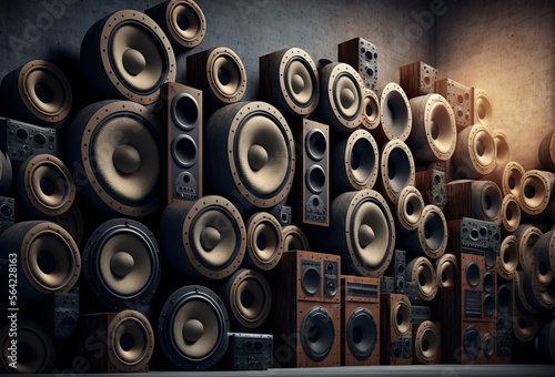 A large stack of vintage music audio speakers. Generative ai