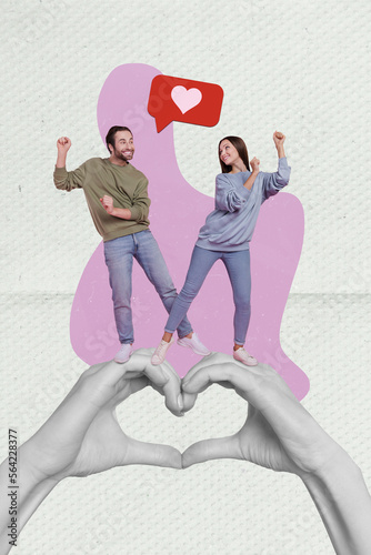 Photo 3d collage artwork picture magazine of happy people have fun black white gamma arm showing heart isolated on painting background