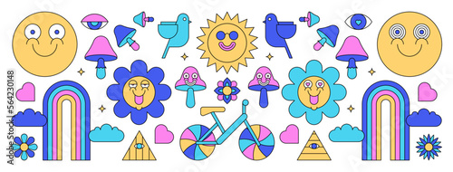 Cartoon illustration in psychedelic style for digital or print. Vector assets, sticker, banner, or background