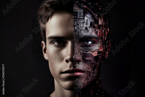 Artificial intelligence, a futuristic humanoid cyber man with a neural network. Half man, half robot. Cyborg man that uses AI and ML. Can be an alien or ET photo