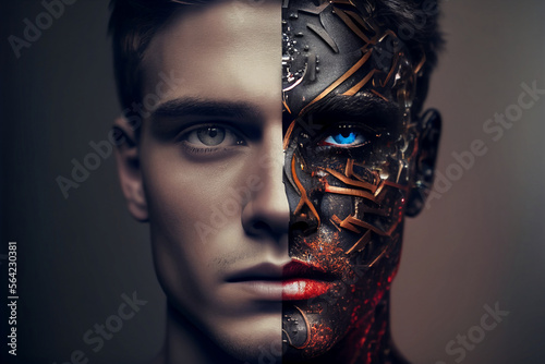 Artificial intelligence, a futuristic humanoid cyber man with a neural network. Half man, half robot. Cyborg man that uses AI and ML. Can be an alien or ET