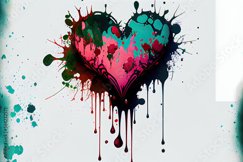 Watercolor heart paint splatters grunge on a white background (generative AI)