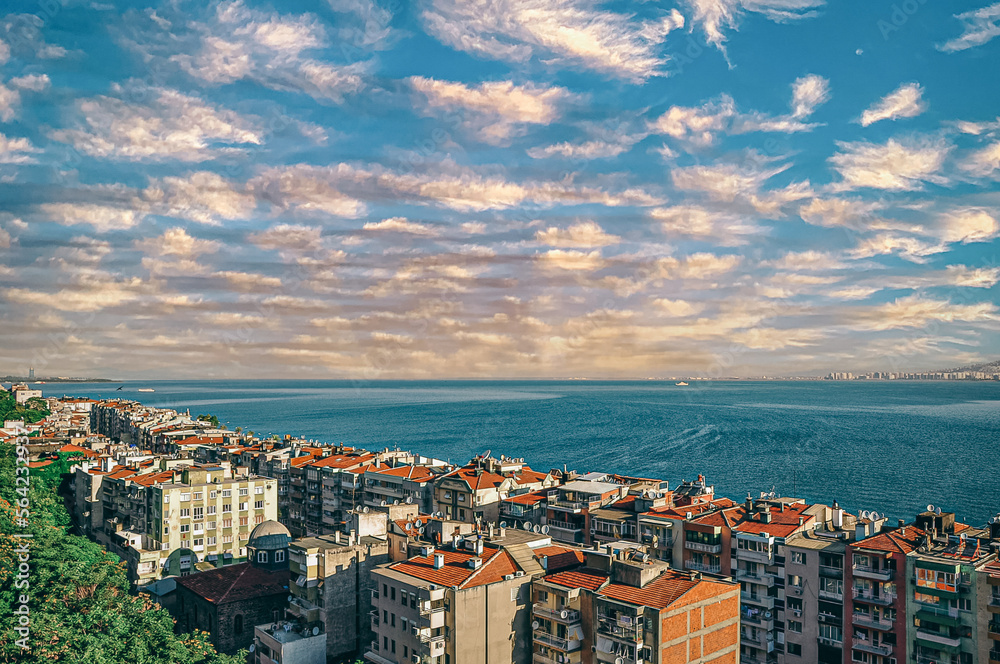 City of Izmir (Smyrna), Turkey. Aegean sea. Panoramic view from the City Asansor (the elevator, Karatas, Konak)