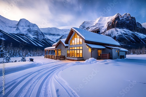 A quaint wooden cabin in a snowy landscape with mountains in the background. The cabin's lights glow warmly in the nightfall - created with Generative AI © Miklos