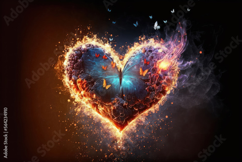 A fiery heart with a butterfly. The concept of love and Valentine's Day. Generative AI.
