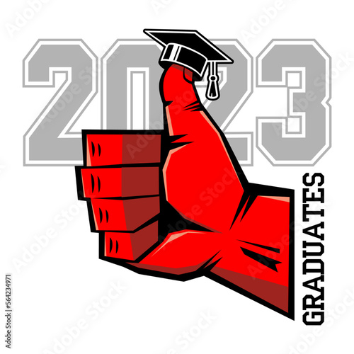 2023 class graduate header with thumb up. Concept of decorate congratulation for school graduates. Design for t-shirt, flyer, invitation, greeting card. Vector