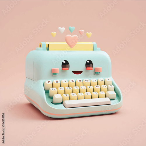 Cute & whimsical 3D typewriter icon character perfect for writing, literature projects, website icons, app buttons, marketing materials. Adorable cartoon-like design, cheerful colors, friendly express photo