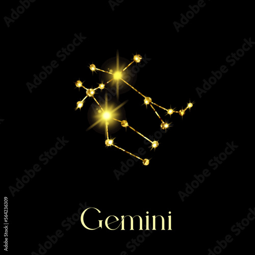Horoscope Gemini Constellations of the zodiac sign from a golden texture on a black background