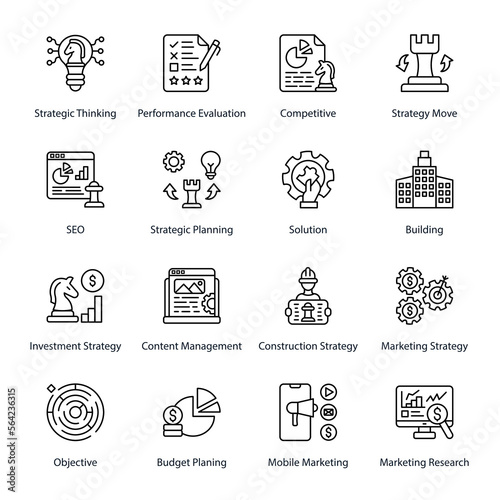 Strategic Thinking, Performance Evaluation, Competitive, Strategy Move, SEO, Strategic Planning, Solution, Building, Investment Strategy, Content Management, Outline Icons - Stroked, Vectors