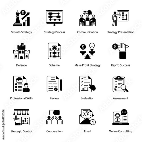 Growth Strategy, Strategy Process, Communication, Strategy Presentation, Defence, Scheme, Make Profit Strategy, Key To Success, Professional Skills, Review, Glyph Icons - Solid, Vectors