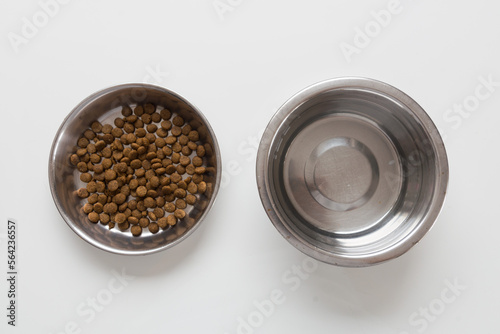 Cat food and water in metallic bowls