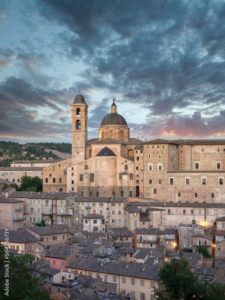 Panorama in Urbino city from Italy at sunset, city and World Heritage Site in the Marche region of Italy