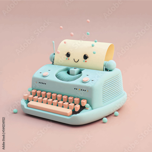 Cute & whimsical 3D typewriter icon character perfect for writing, literature projects, website icons, app buttons, marketing materials. Adorable cartoon-like design, cheerful colors, friendly express photo