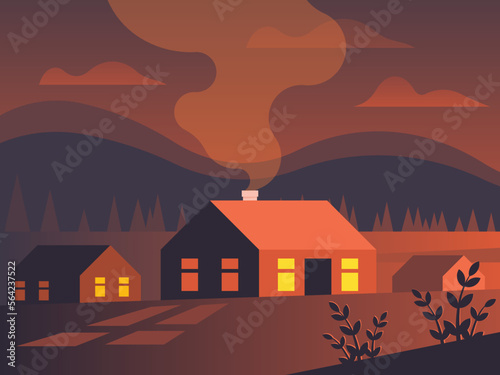 Small village in a fiery sunset on a mountain background. Vector graphics