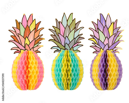 Set of decorative corrugated paper garlands in the shape of pineapple with leaves