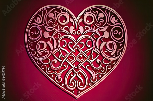 Pink heart-shaped ornament, Viking tribal style (generative AI)