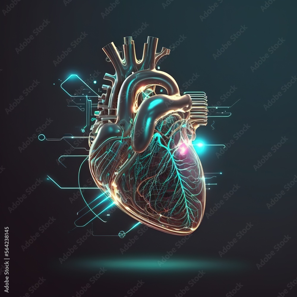 Human heart Illustration in glowing design 3d effect with isolated background in generative ai