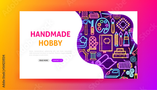 Handmade Hobby Neon Landing Page. Vector Illustration of Handicraft Promotion.