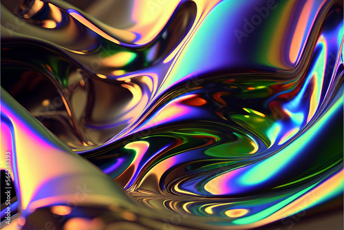 Designer background, colored light, film, colorful, glass holographic fabric, chromatic dark color pattern, space for text, 3d model. Generative AI