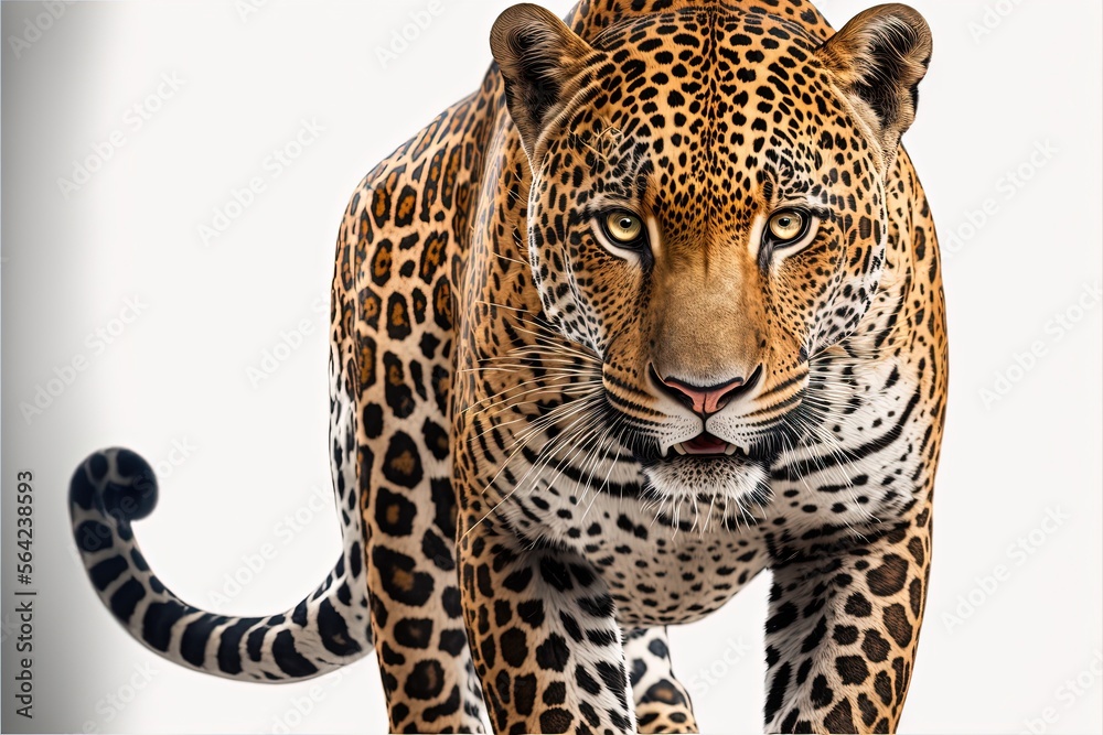 Fototapeta premium Illustration of jaguar, imposing pose on white background. Generative AI