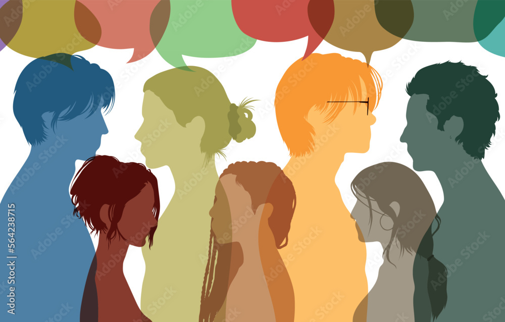 Diverse multicultural dialogue group. Vector illustration. People in profile talking to each other and peoples showing diversity. Share ideas in a speech bubble.