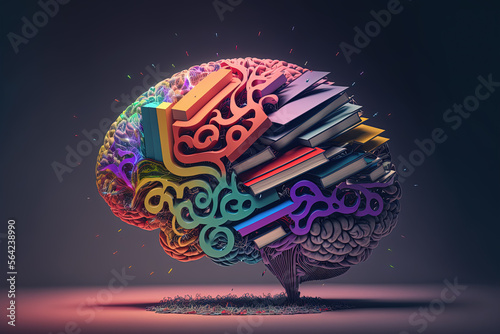 Colorful collage with a brain, cogs, books, intelligence, learning, education. Ai generated