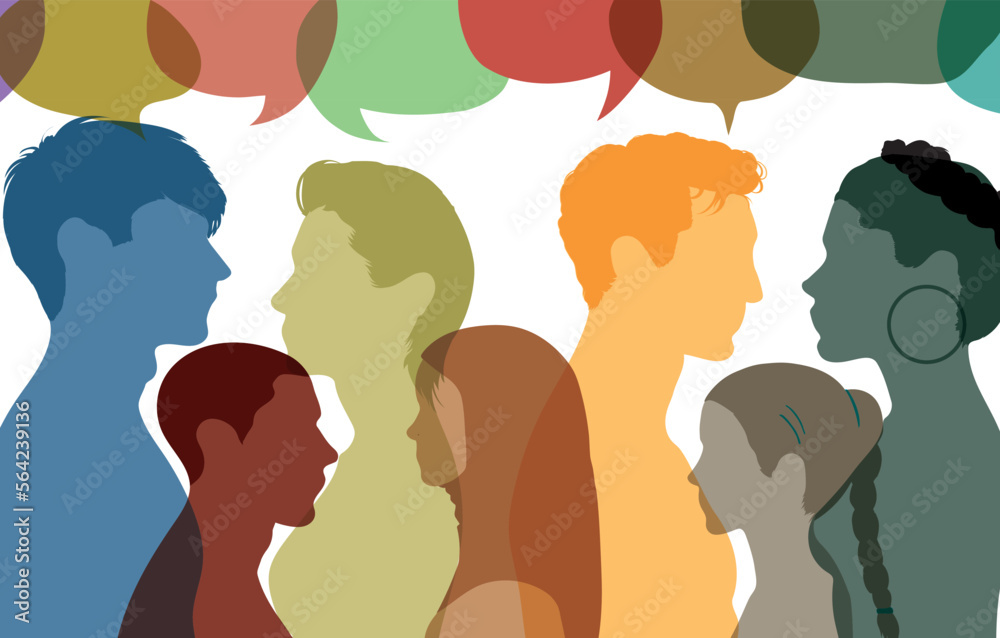 Networking and dialogue with multiethnic populations. Talking group of isolated people of various colours. Vector Illustration. Communication through networking and speech bubbles.