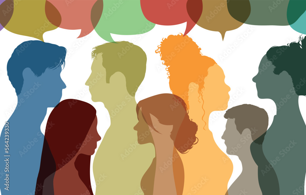 People share ideas and communicate with each other. Vector Illustration. Multiethnic and multicultural people talking and dialoguing in a crowd.