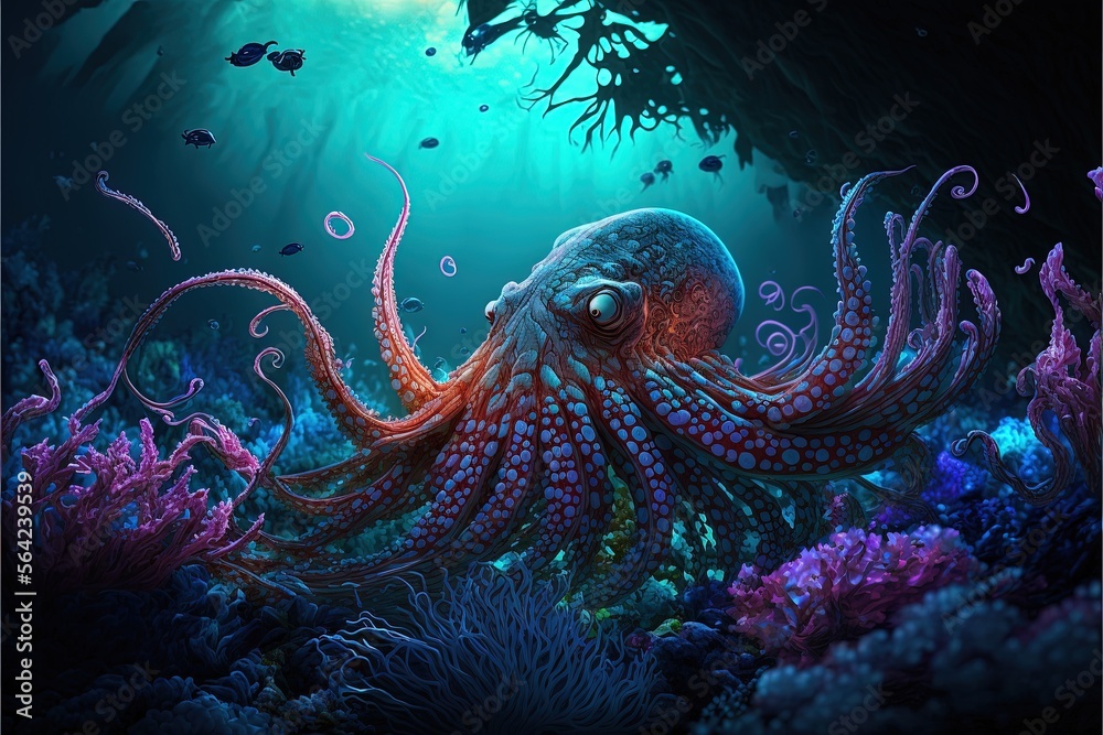 Obraz premium Octopus illustration under the ocean with corals. Generative AI
