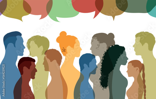 An image of a crowd talking and a speech bubbles. Several people are talking. Vector Illustration. People communicate with each other.