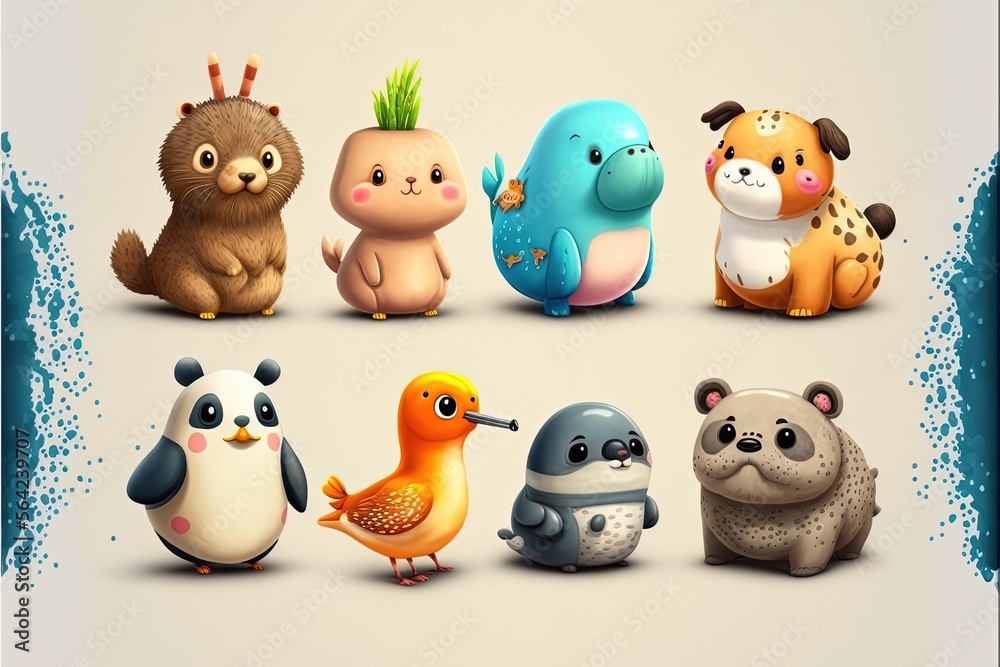 Cute animals set illustration, cartoon style, background. Generative AI Cute animals set illustration, cartoon style, background. Generative AI