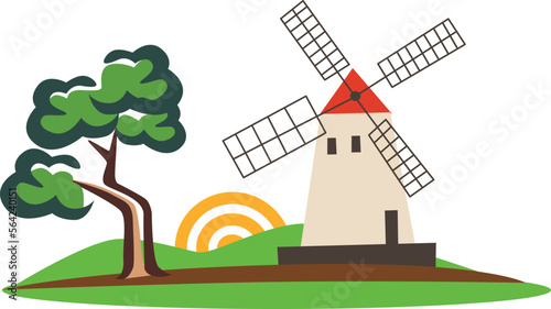 Windmill with trees and nice atmosphere of green nature.