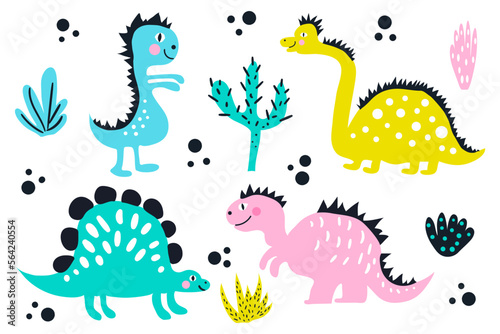 Set of cute colored dinosaurs. Vector kids illustration in cartoon style.