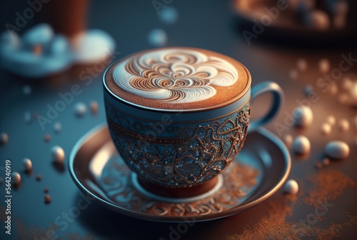Orientalische 3D Cappuccino Tasse mit Crema-Muster, Heißgetränk im Cafe - KI generiert 