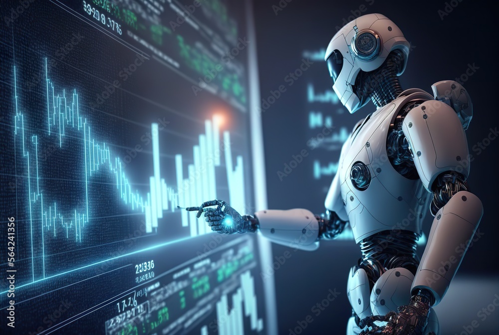 Roboter studiert die Charts der Börse und investiert automatisch Geld für die Menschen. Künstliche Intelligenz macht Börsengeschäfte oder übernimmt die Finanzen der Firma. Geld verdienen im Schlaf. - obrazy, fototapety, plakaty 