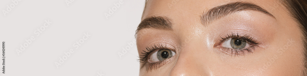 Obraz premium Cropped image of female face, eyes over grey background. Natural makeup look. Brows lamination. Concept of cosmetology, cosmetics, plastic surgery, natural beauty. Banner, flyer. Copy space for ad