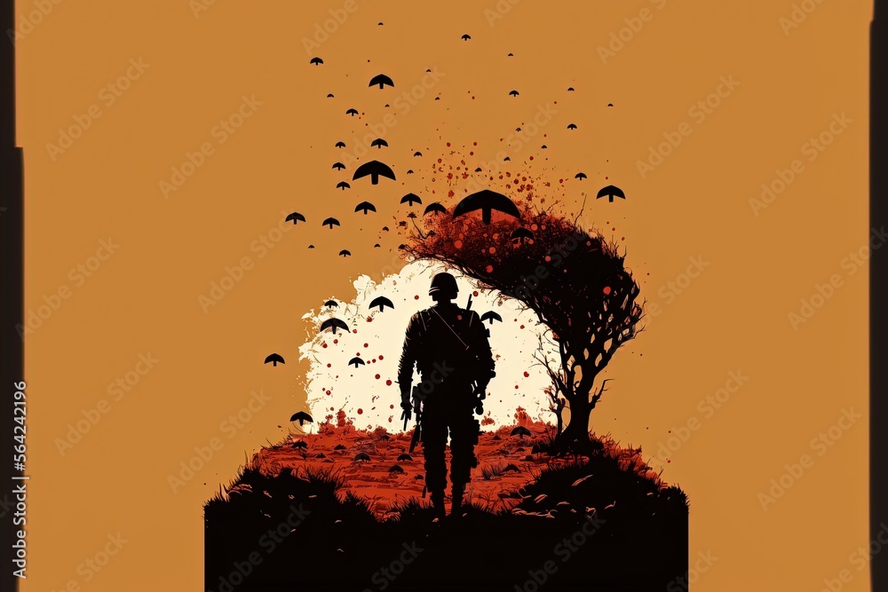 Naklejka premium Minimalist illustration of war scene with soldier. Generative AI