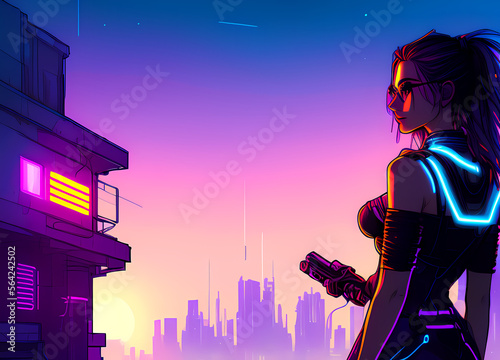 Futuristic Cyber Punk style city skyline