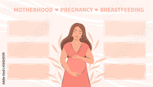 Banner about pregnancy, breastfeeding and motherhood. Pregnant woman, future mom. Tips, different data, informations expectant mothers. Vector illustration.