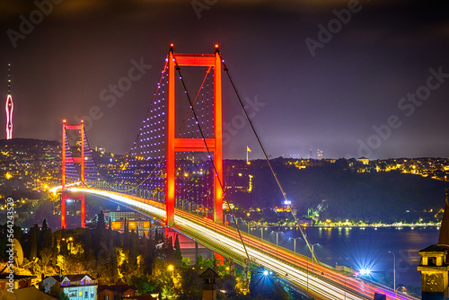 Istanbul. Night view of the city, the Bosphorus Bridge and Bosphorus