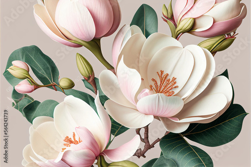 Composition pattern magnolia flowers and peonies and leaves on light background. Holiday greeting with space for text  wedding  Valentine s Day  Women s Day. Natural florist design. Generative AI