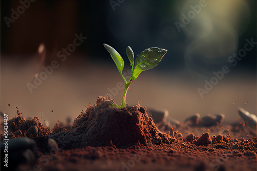 Fresh young sprouts grow out of the ground in the sunset light, the concept of growing eco plants for food, nature and plants organic vitamins. Generative AI