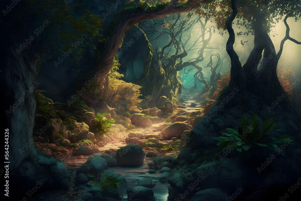 Beautiful magical forest fabulous trees. Mystic Forest landscape, sun