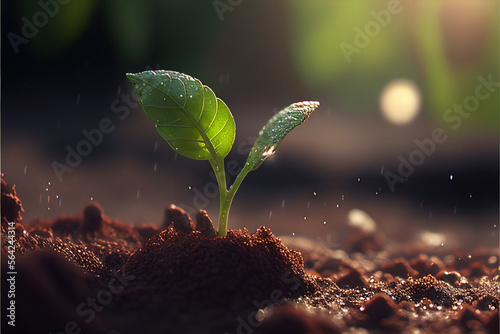 Fresh young sprouts grow out of the ground in sunset light with raindrops, the concept of growing eco plants for food. Generative AI
