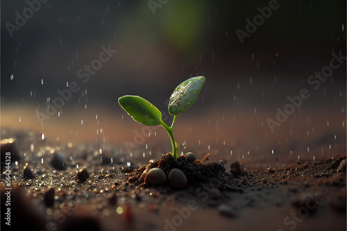 Fresh young sprouts grow out of the ground in sunset light with raindrops, the concept of growing eco plants for food. Generative AI