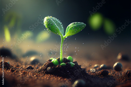 Fresh young sprouts grow out of the ground in sunset light with raindrops, the concept of growing eco plants for food. Generative AI