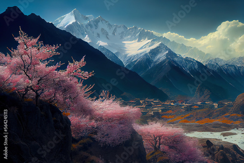 Plum blossoms blooming at the foot of the snow mountain