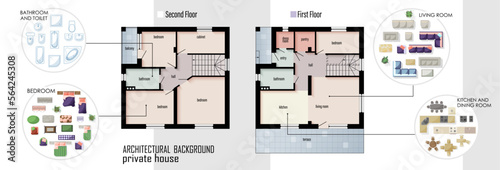 Floor Plan with furniture set top view for interior design of a house. Colored Architectural Technical floor plan. Three Bedrooms apartment architectural CAD drawing. Vector kit with design elements